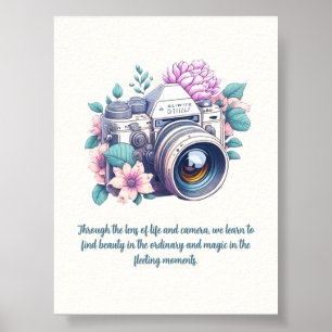 Poster Vieux appareil photo avec fleurs et citation