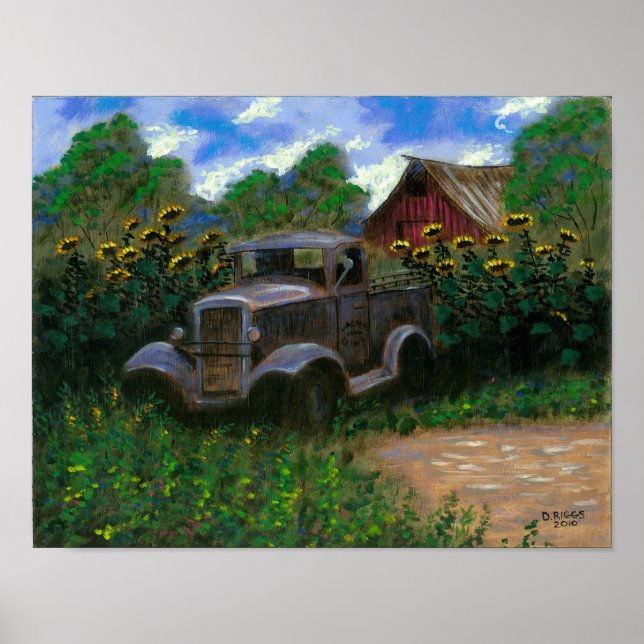 Poster Vieux camion avec tournesol (Devant)