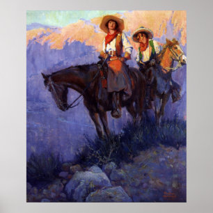 Poster Vieux Cowboys, Homme et Femme sur des Chevaux, And