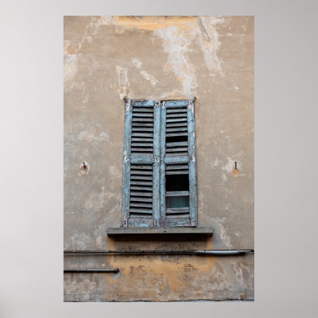 Poster Vieux fenêtre en bois ruiné de vieille maison anti (Devant)