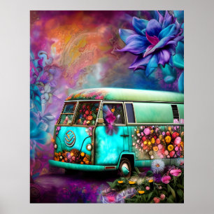 Poster Vieux fourgon Combi rouillé avec fleurs des années