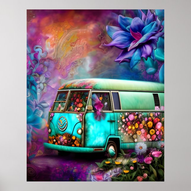 Poster Vieux fourgon Combi rouillé avec fleurs des années (Devant)