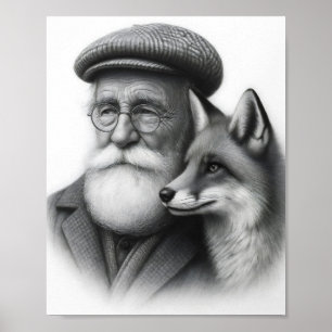 Poster Vieux homme avec Fox Classic Noir & Blanc Crayon A