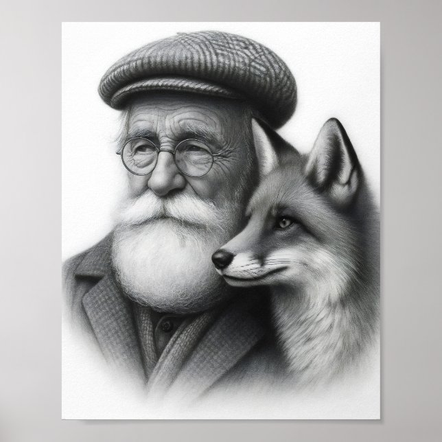 Poster Vieux homme avec Fox Classic Noir & Blanc Crayon A (Devant)