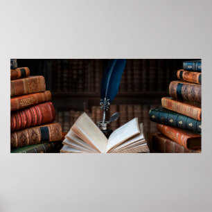 Poster Vieux livres, stylo à talons et encre vintage sur
