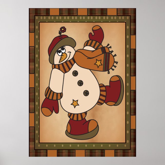 Poster Vieux mode Stylisé Snowman Art en Plaid (Devant)