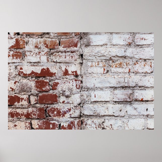Poster Vieux mur de briques peintes avec peeling blanc pe (Devant)