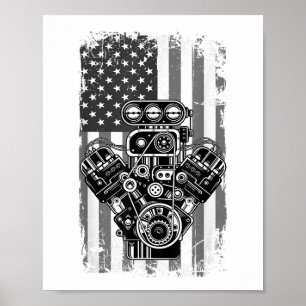 Poster Vieux Piston de Voiture de Muscle de Drapeau Améri