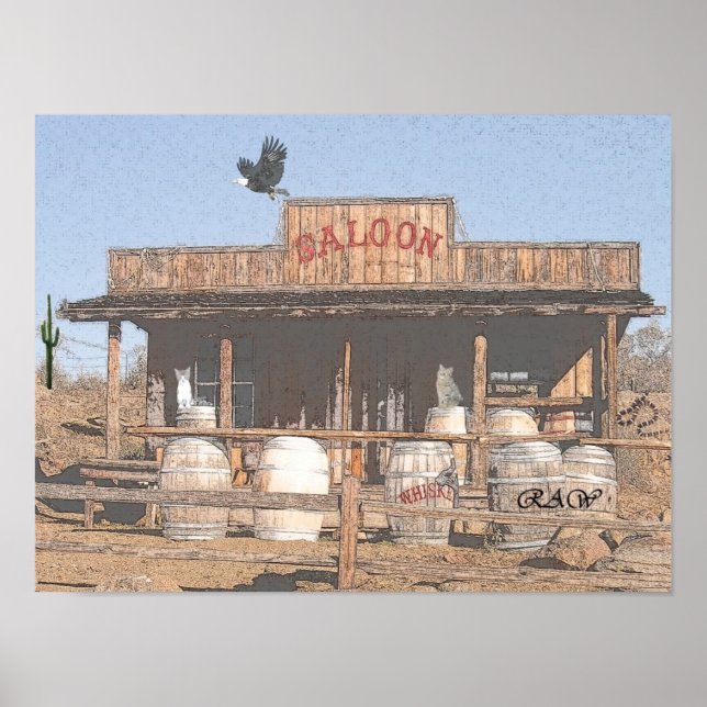 Poster VIEUX SALOON OCCIDENTAL avec effet de charbon de c (Devant)