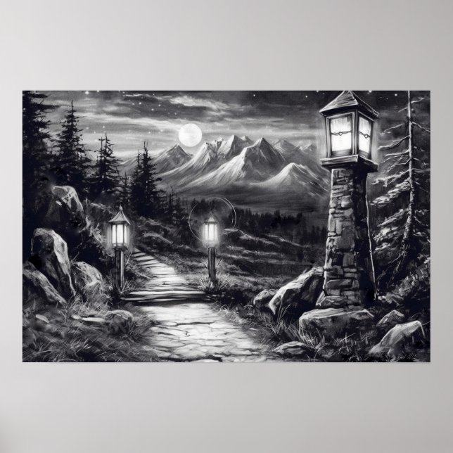 Poster Vieux sentier sinueux à travers les bois en lampli (Devant)