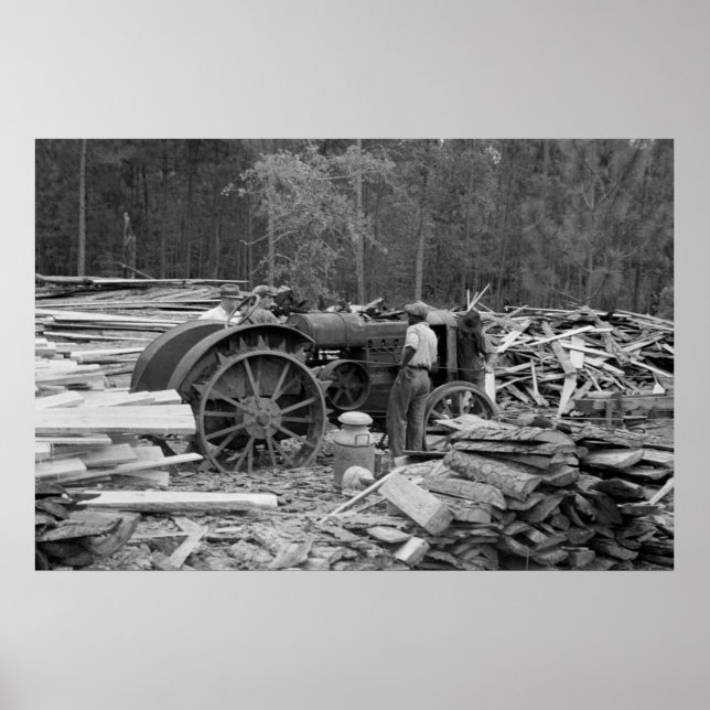 Poster Vieux tracteur scierie, 1935 (Devant)