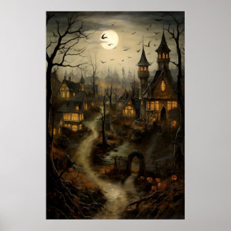 Poster Vieux Village avec citrouilles, campagne d'Hallowe