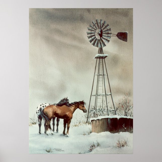 Poster VIEUX WINDMILL & CHEVAUX par SHARON SHARPE (Devant)