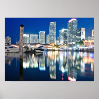 Poster View of skyline with reflection in water, Miami