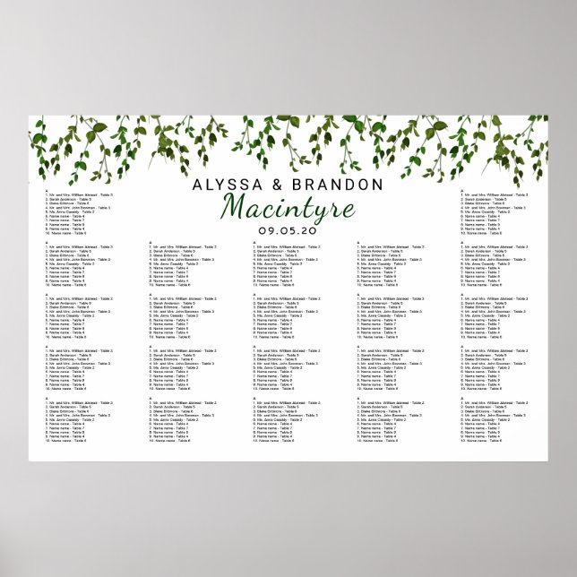 Poster Vignes vertes Mariage Réception Seating Chart (Devant)