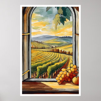 Poster Vignoble à travers la fenêtre Automne / Automne Po