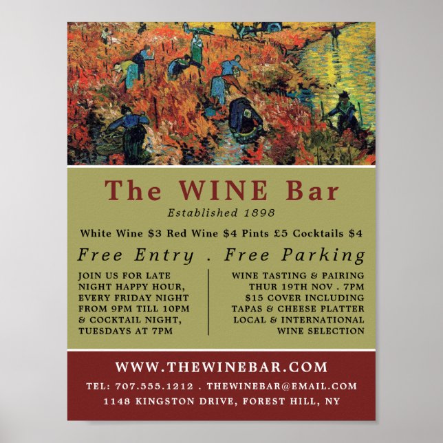 Poster Vignobles rouges, Van Gogh, Bar à vins/Vin (Devant)