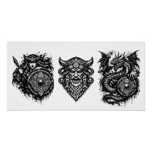 Poster Viking, Dragon & Guerrière au Bouclier – Encre Myt