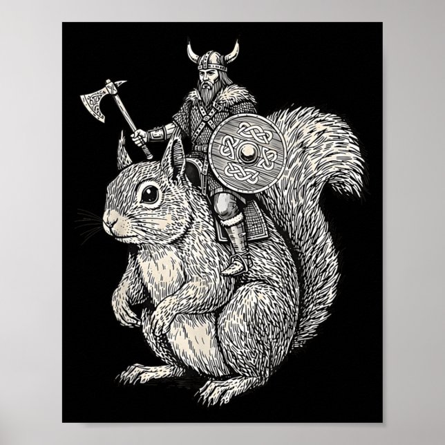 Poster Viking Riding Squirrel Funny Warrior Art  (Devant)