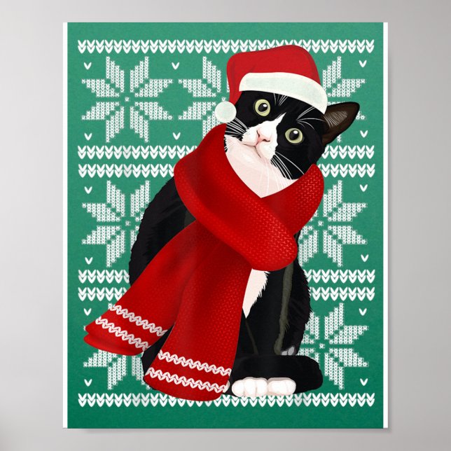 Poster Vilaine Noël Chat noir Santa Hat Scarf Fête (Devant)