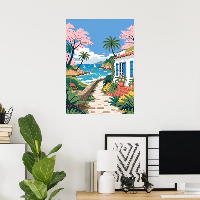 Poster Villa Tropicale au Bord de la Plage avec Bateaux (Bureau à domicile)