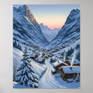 Poster Village alpin cosy à l'aube vallée de montagne enn