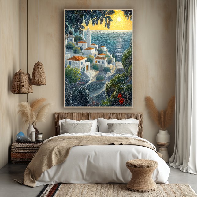 Poster Village balnéaire au coucher du soleil en style Po (Créateur téléchargé)