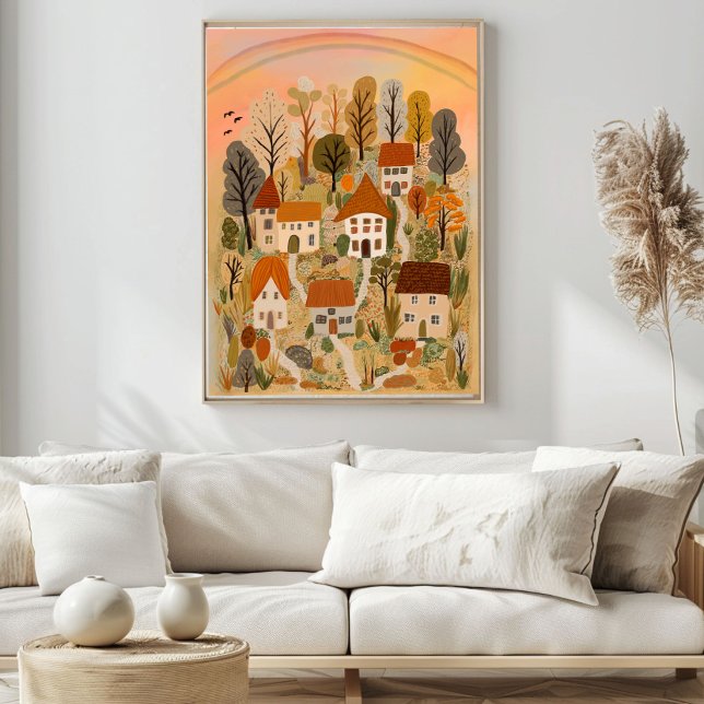 Poster Village champêtre chic Autumn Watercolor Art (Cute Country Village Autumn Watercolor Art Poster
)
