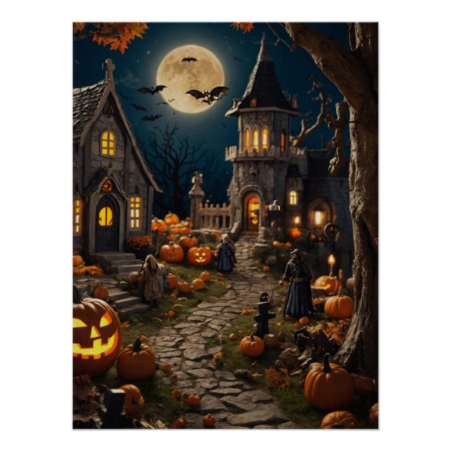 Poster Village Citrouille d'Halloween (Devant)