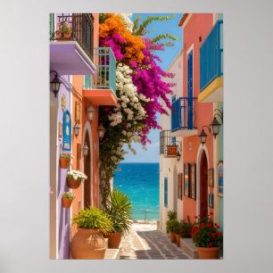Poster Village côtier grec coloré Mur de bougainvillée