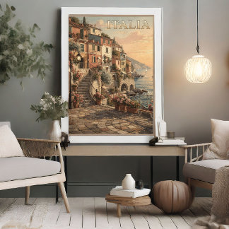 Poster Village côtier romantique d'Italie Voyage vintage 