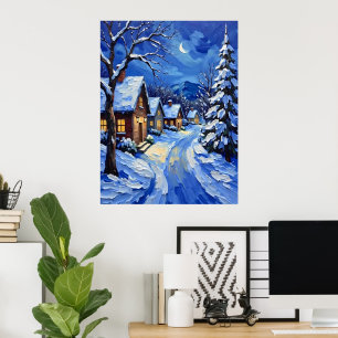 Poster Village de neige en nuit