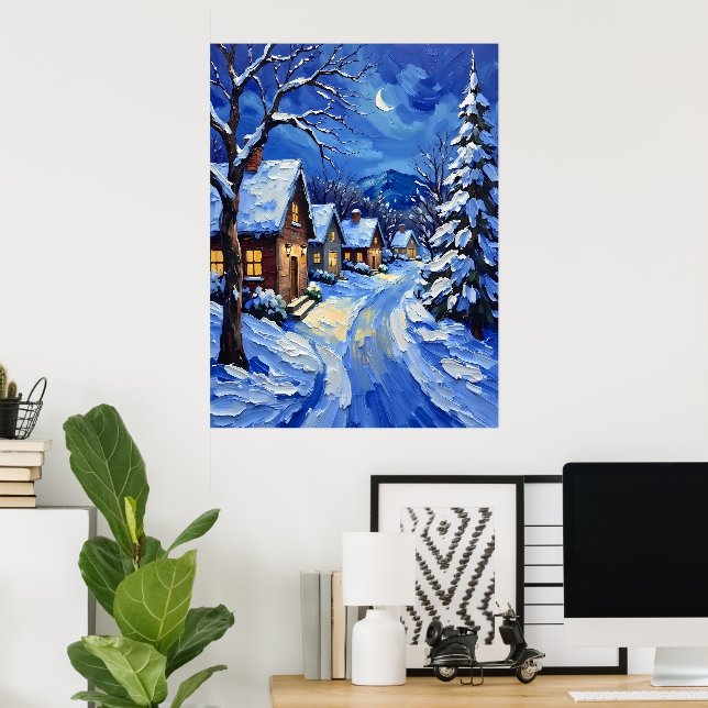 Poster Village de neige en nuit (Bureau à domicile)
