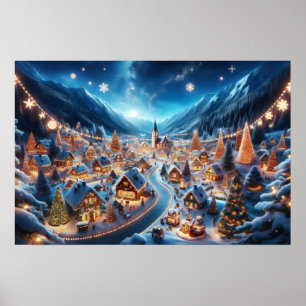Poster Village de Noël enneigé et cosy la nuit