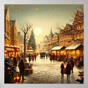 Poster Village de Noël hivernal vintage enneigé
