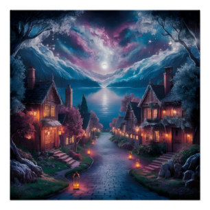 Poster Village de nuit enchanté - Mur de Noël