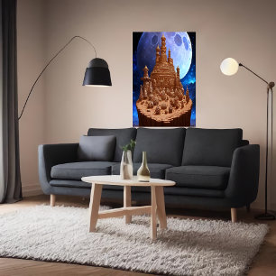 Poster Village de pain d'épices et lune Art AI