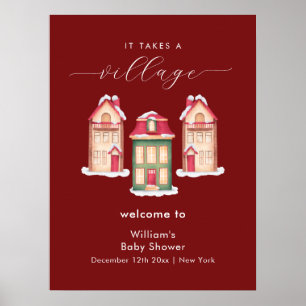 Poster Village de pain d'épices sous la neige rouge Bienv