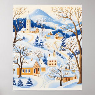 Poster Village d'hiver avec des arbres givrés et des coll