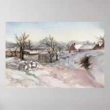 Village d'hiver Paysage Aquarelle Imprimer l'affic
