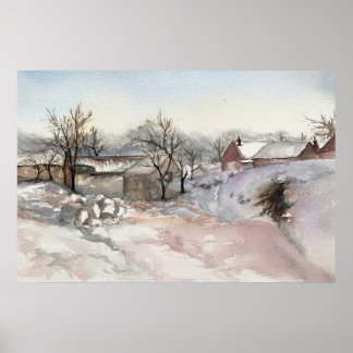 Poster Village d'hiver Paysage Aquarelle Imprimer l'affic