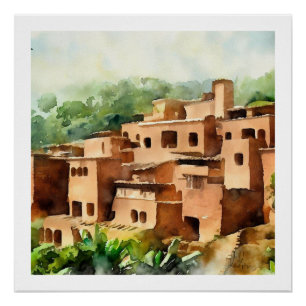 POSTER VILLAGE EN BRIQUE D'ARCHITECTURE ANCIENNE COULEUR