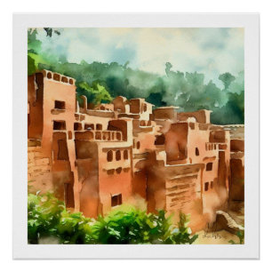 POSTER VILLAGE EN BRIQUE D'ARCHITECTURE ANCIENNE COULEUR