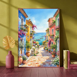 Poster Village italien coloré au bord de l'océan 