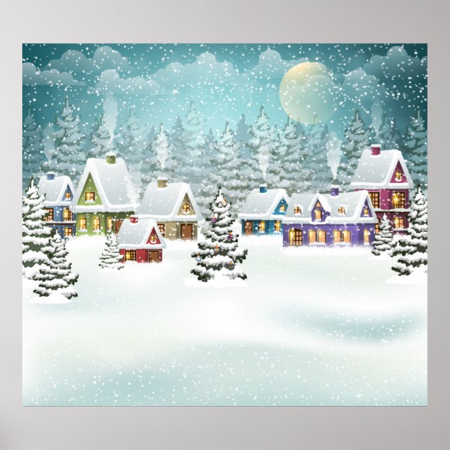 Poster Village paysage d'hiver avec maisons couvertes de  (Devant)