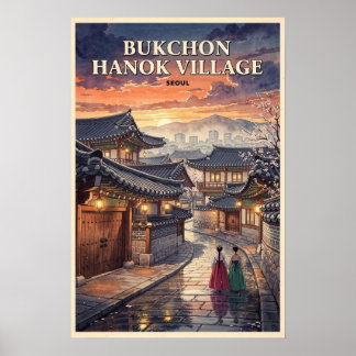 Poster Village traditionnel hanok de Bukchon Séoul Voyage