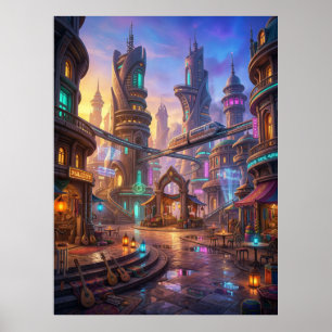 Poster Ville Aliénigène Néon Carré du Coucher de Soleil