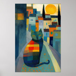 Poster Ville colorée avec Chat de caractère