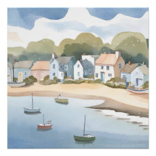 Poster Ville Côtière   Peinture Aquarelle Léger et Balnéa