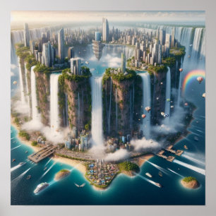 Poster Ville de chute d'eau inversée